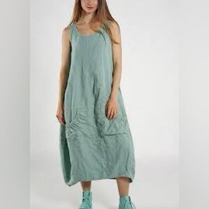 Made in Italy linen Sleeveless Teal Midi Dress